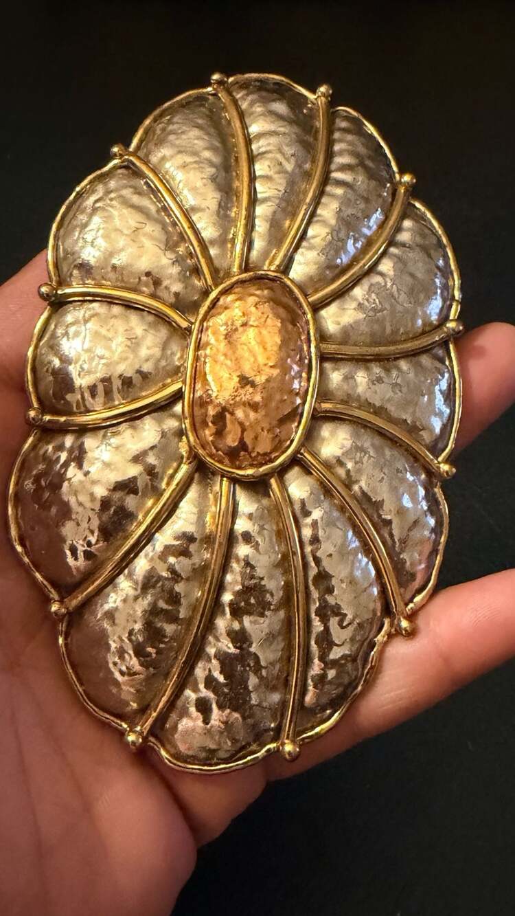 Vintage Hammered Silver and Gold Tone Oval Belt Buckle